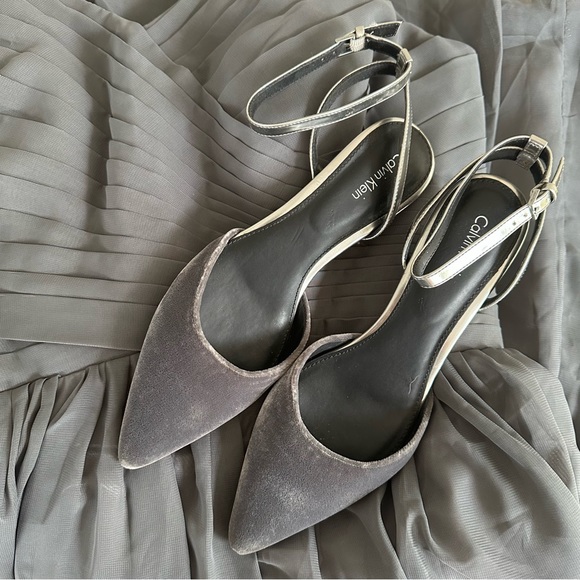 Calvin Klein Shoes - CALVIN KLEIN Gunmetal Grey Velvet Kitten Heels with Silver Ankles Straps